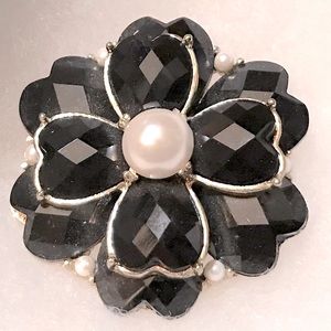 Pearl flower faceted costume jewelry brooch black